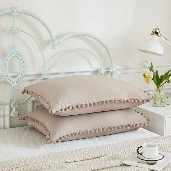 Taupe Pillowcases, Khaki Taupe Standard Pillow Cases Set of 2, 100% Washed Microfiber, Taupe Ball Fringe Pillow Cover, 2 Pack