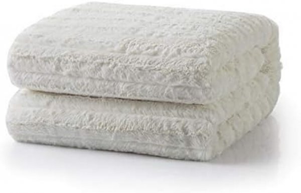 White Ivory Super Soft Warm Polar Faux Fur with Throw Blanket 63 x 87