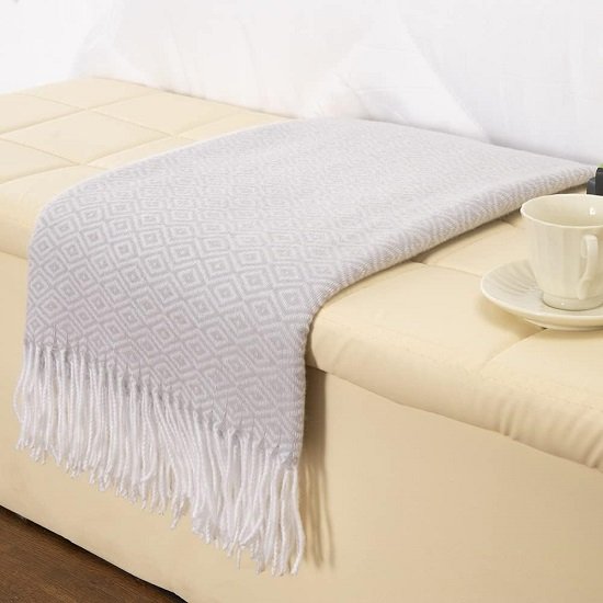 Decorative Diamond Lattice Faux Cashmere Throw Blanket Light Grey Fringe Lightweight Fuzzy Soft Cozy Throws for Sofa Bed Farmhouse Throw Blanket 50" x 60"