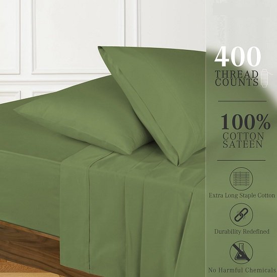 King Size Sheets Set (4 Pc), 100% Cotton Sheets, Cooling Sheets, 400 Thread Count, Soft & Luxury Sateen Weave Sheets for King Size Bed with 16'' Elasticized Deep Pockets - Sage